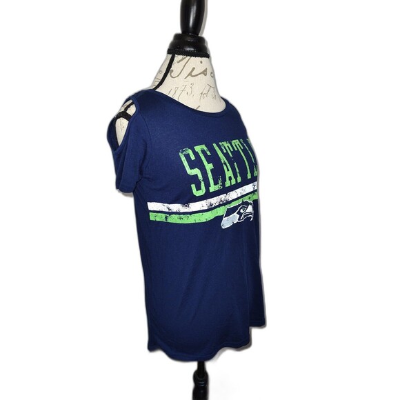 Women's Seattle Seahawks Cold Shoulder Shirt Blue Green Small - Picture 2 of 6